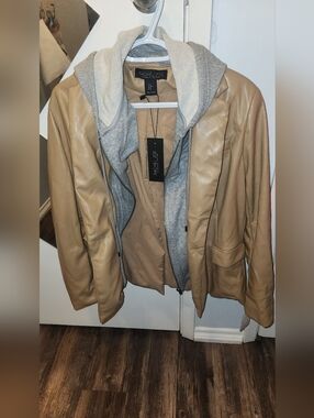 Rachel Zoe Tan jacket with Heather Gray Hooded Layer